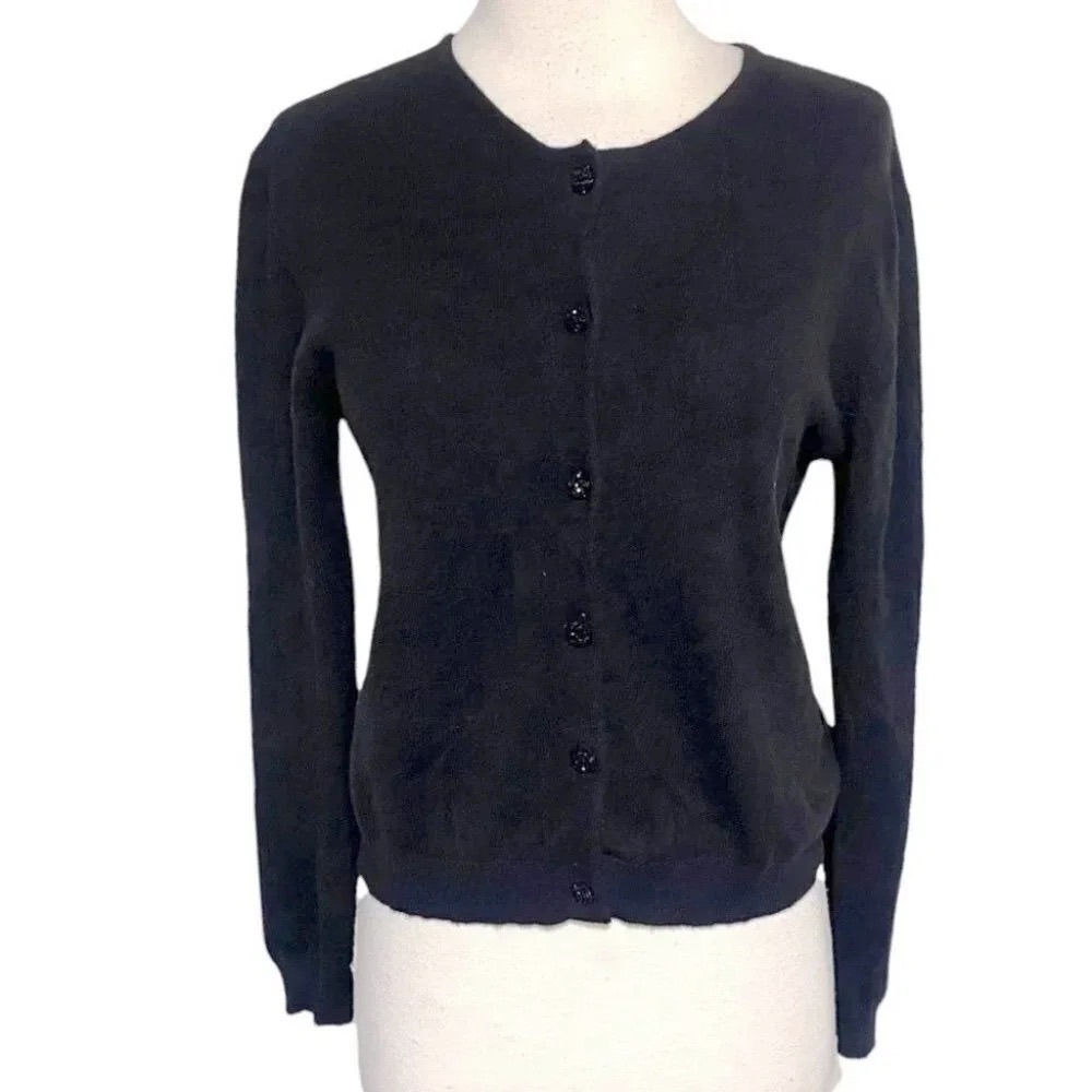 Pamela‎ Dennis Cardigan Size Small Black Button Front Long Sleeve Crew Neck